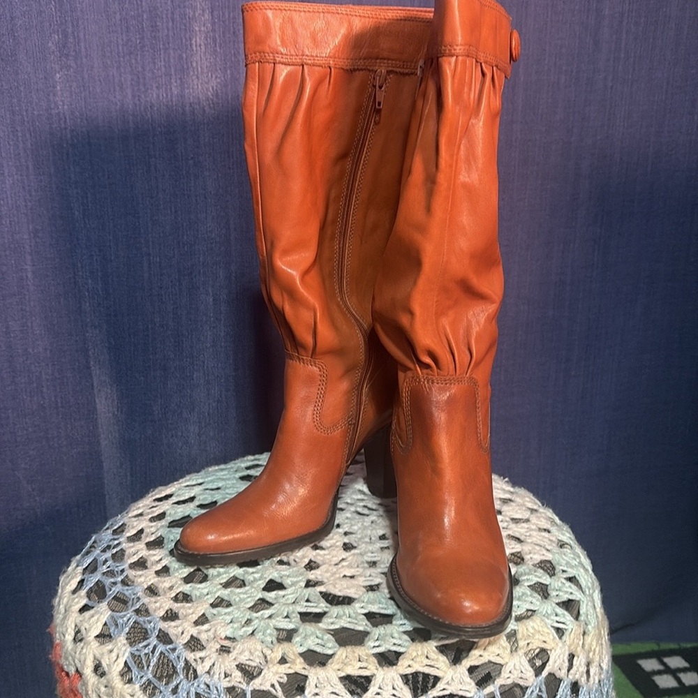 Tan Heeled Boots with Slouchy Design and Rounded Toe